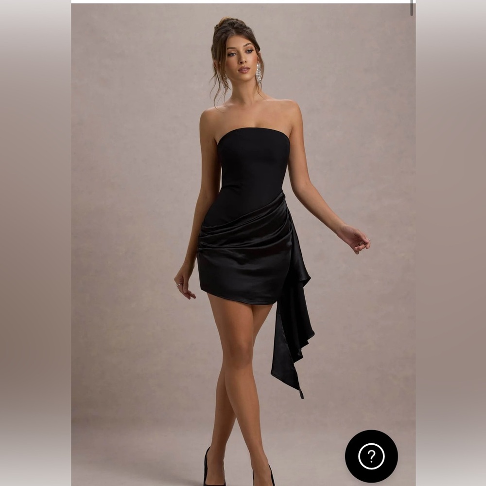 Club London SWEET TALK
BLACK SATIN BANDEAU MINI DRESS WITH DRAPE SKIRT